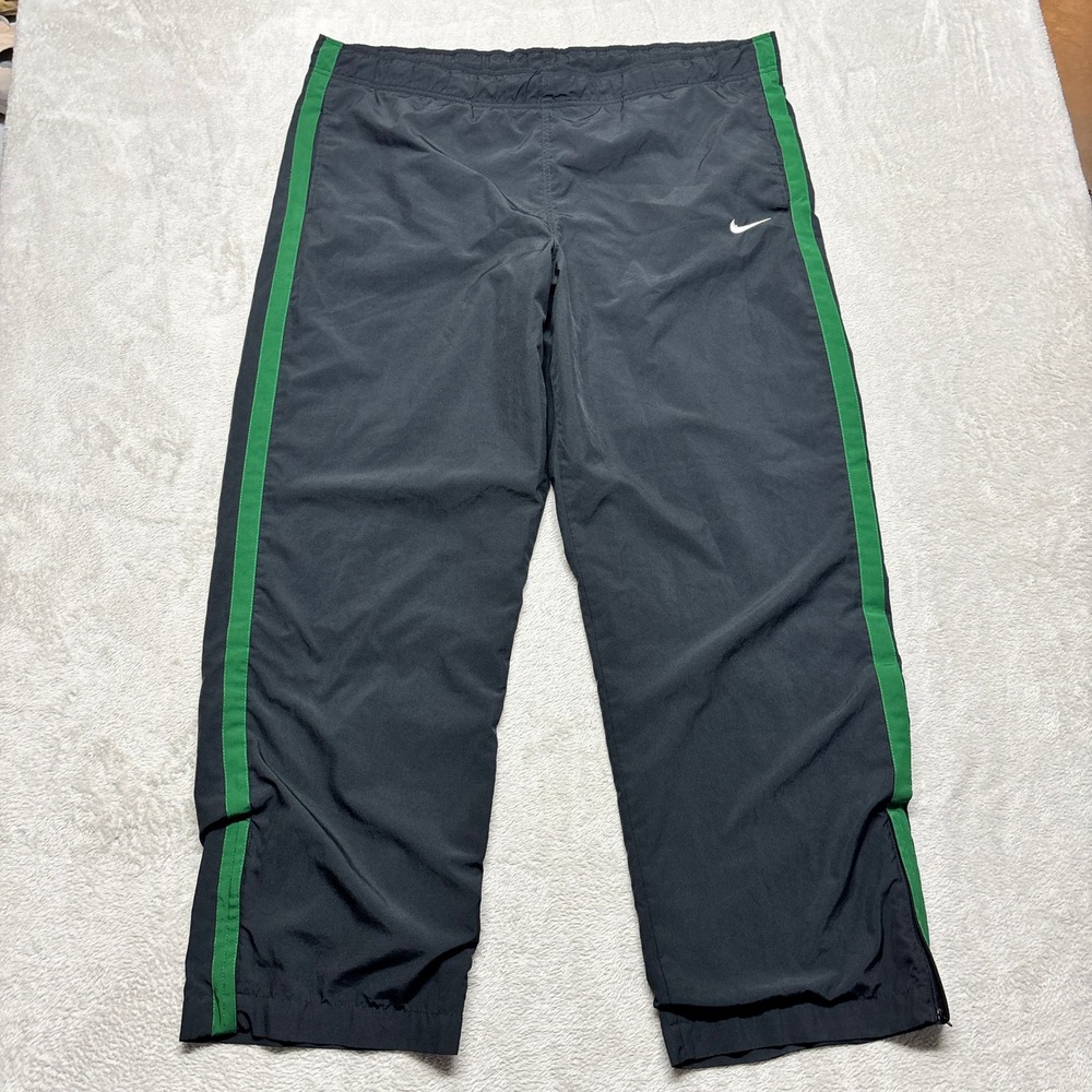 VTG Nike Track Pants Mens XL Black Green Stripe Lined Windbreaker Ankle Zip EUC